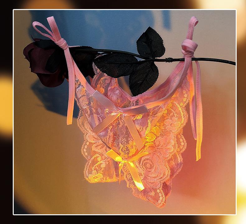 Women's Sexy Hollow Out Thong Lingerie Open Crotch Underwear Lady's Crotchless French Style Lace See Panties with Bow Hot Sale