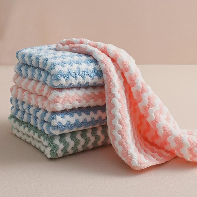 Thick Striped Coral Fleece Kitchen Towels - Absorbent, Degreasing Dish Cloths