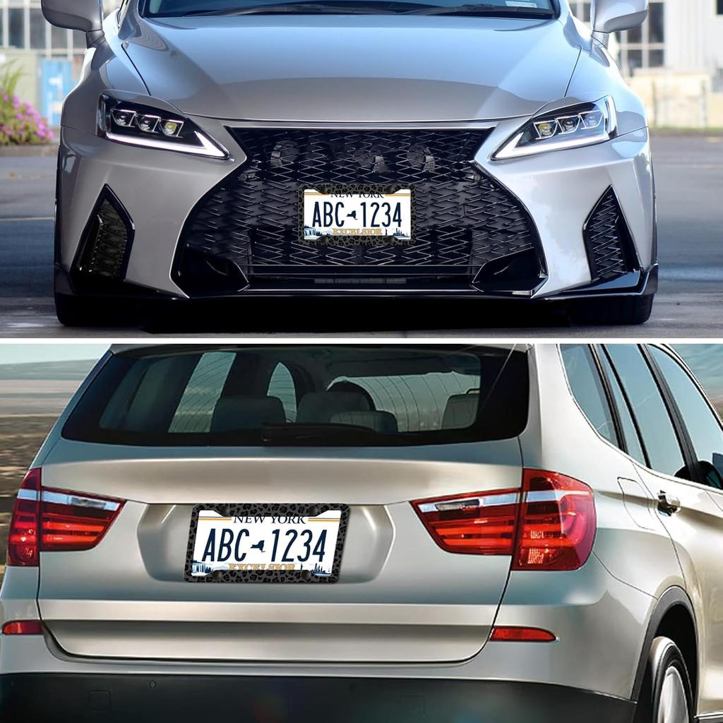 Black Leopard Print License Plate Frame - Leopard Personalise License Plate Holder, Rust-Proof Stainless Steel Waterproof Car Decorative Tag Frames