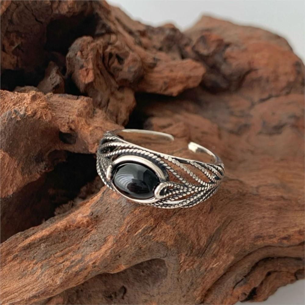 PANJBJ 925 Sterling Silver Black Agate Rings for Women Line Texture Hollow Out Design Retro Jewelry Gift Dropshipping