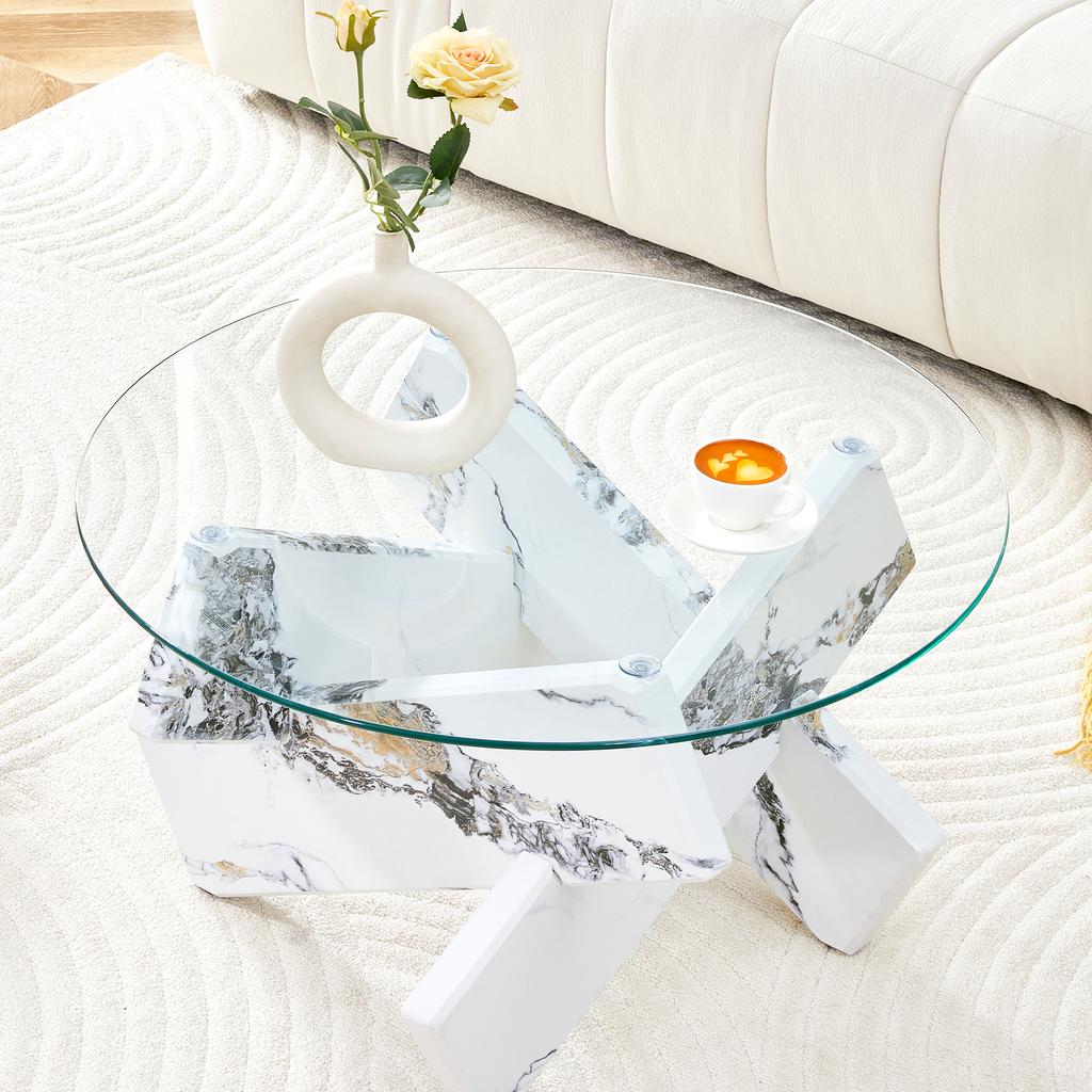 Multi-Color Optional MDF + Glass Round Coffee Table: White Imitation Marble Patterned Support Legs, 79cm Diameter, 0.8cm Thick Tempered Glass Surface.