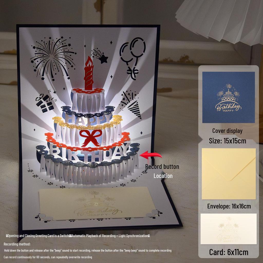 3D Pop-Up Birthday Sound Card with Recording Light - Cake Design for Boyfriend/Girlfriend Gift