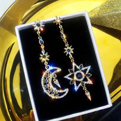 Fashion New Elegant  Color Asymmetric Star Moon Earrings Long Statement Tassel Sparkling Personalized Earrings Jewelry