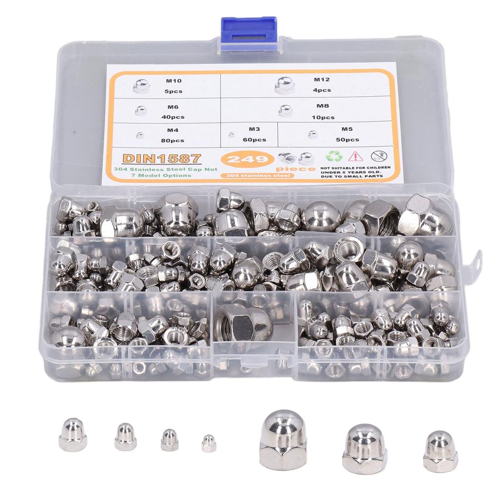 249Pcs Acorn Hex Cap Nuts Assortment Kit M3?M12 DIN1587 304 Stainless Steel Bright Finish