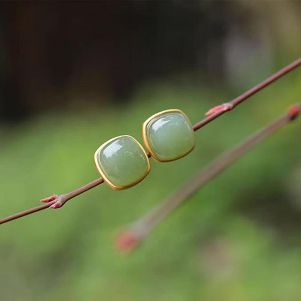 Gold-Plated Imitation Hetian Jasper Square Stud Earrings - Simple, Fashionable Women's Light Luxury Jewelry
