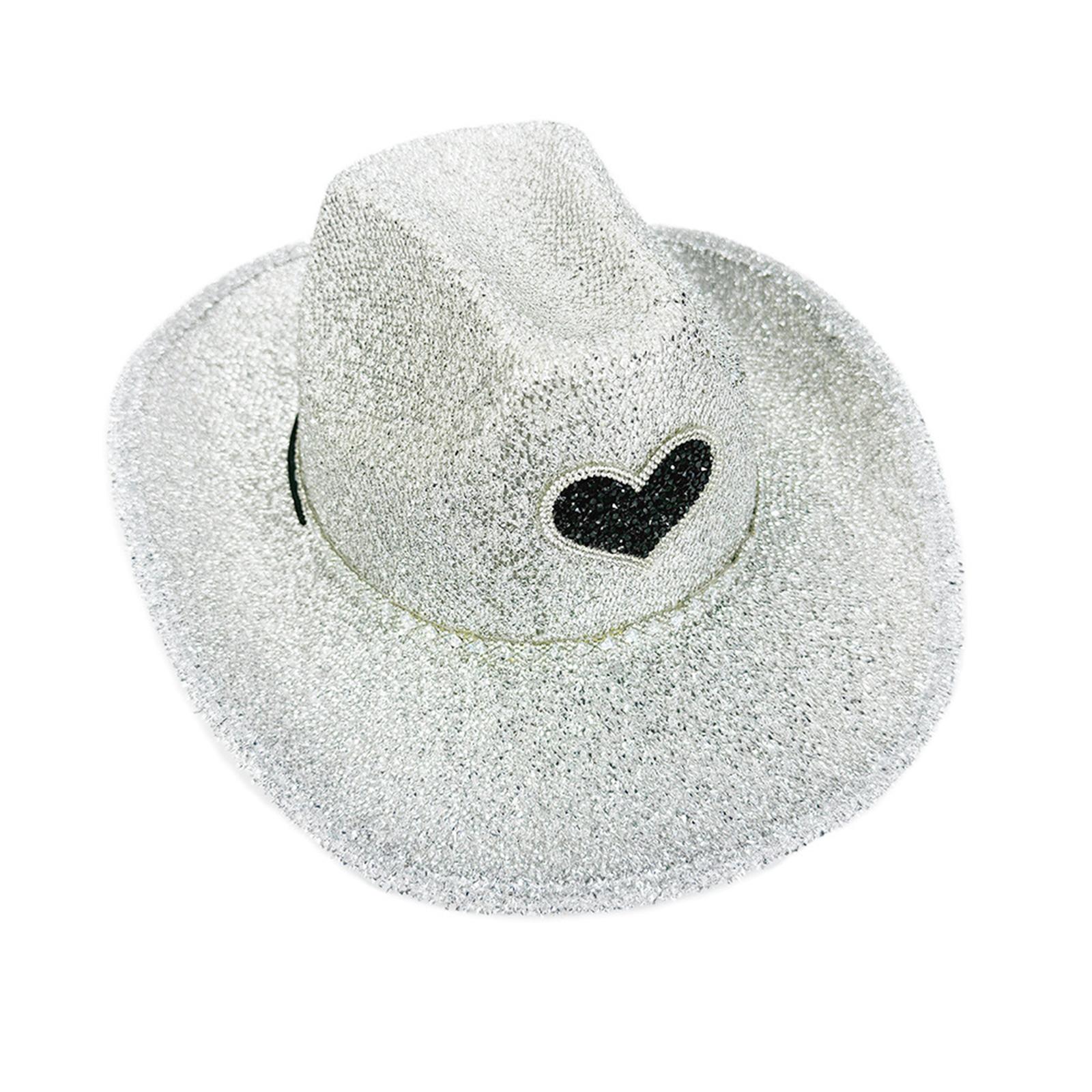 

Popular Glittering Powder Large Brims Hat Sparkling Panama Caps for Disco Dancing and Evening Event Stage Performances серебряный
