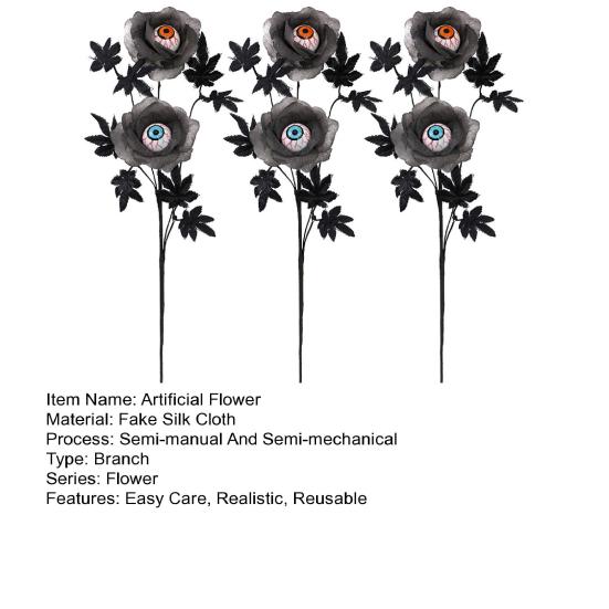 1/2/3Pcs Halloween Artificial Eyeball Flower with Black Maple Leaves Spooky Gothic Fake Silk Flower Home Table Centerpiece Faux Rose Decoration