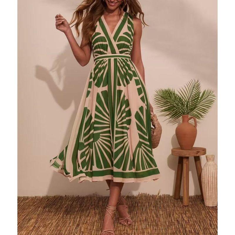 

European and American Women s Clothing V Neck Sleeveless Dress Bohemia Print Long Dress Green S