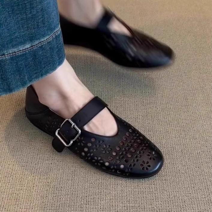 Bohemian Hollow Single Shoes Women's Gentle Hole Shoes Late Evening Breeze Grandma Shoes Leather Flat-soled French Mary Jane Shoes