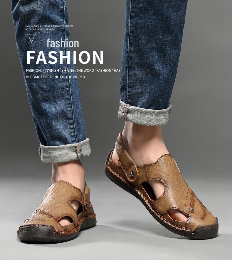 Męskie skórzane sandały Cross-Border Baotou: Buty z miękką podeszwą, antypoślizgowe, dwufunkcyjne, do noszenia na zewnątrz i na plaży.