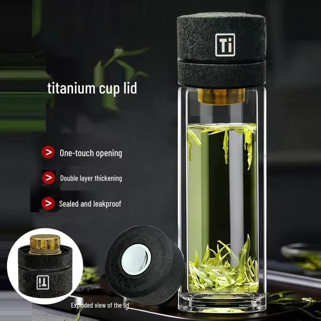 Titanium Lid Double-Layer Glass Tea & Water Separation Mug with One-Button Open - Portable Business Cup for Men