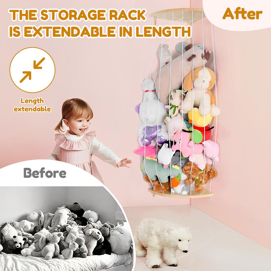 Stuffed Animal Storage Corner Cage Large Wooden Plush Toys Holder with LED Light Wall Hanging Corner Stuffed Animal Storage Rack