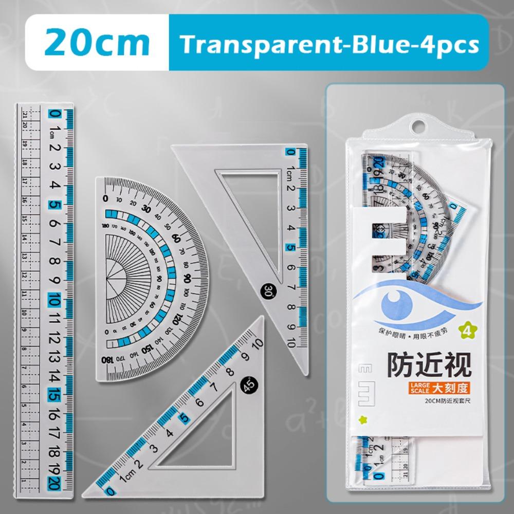 4pcs Eye Protection Ruler Set High Transparency Measuring Stationery Straight Ruler Drawing Tool Set Square Students