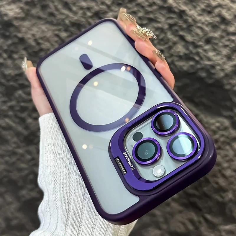 Luxury Magnetic Shockproof Case For iPhone 16 15 14 Plus 13 12 11 Pro Max For Magsafe Funda Stand Glass Lens Protecte Back Cover