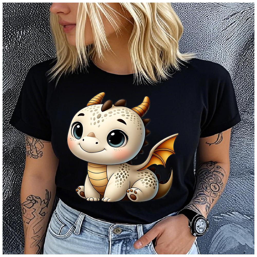 Unisex 100% Polyester Summer Top A super cute cartoon dragon Print Loose round Neck Short Sleeve Fashion for Lovers