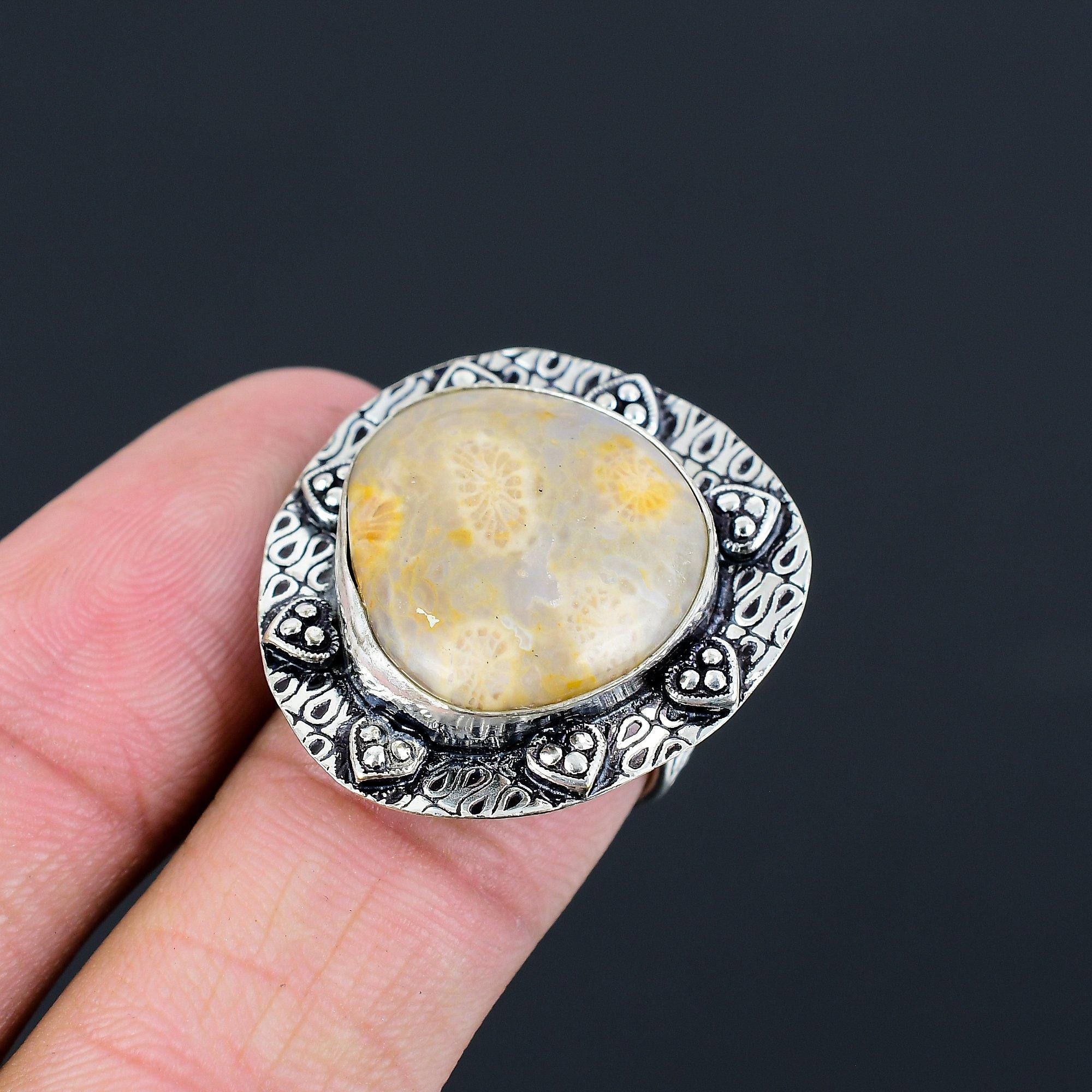 Easter Sale Root Chakra Fossil Coral Gemstone Statement New Ring 925 Silver US 7 7