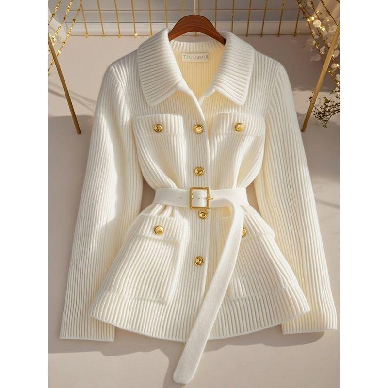 

Premium spring white sweater cardigan women s outer season waist top spring new knitted coat 2xl [recommended 125-135] слонова кістка