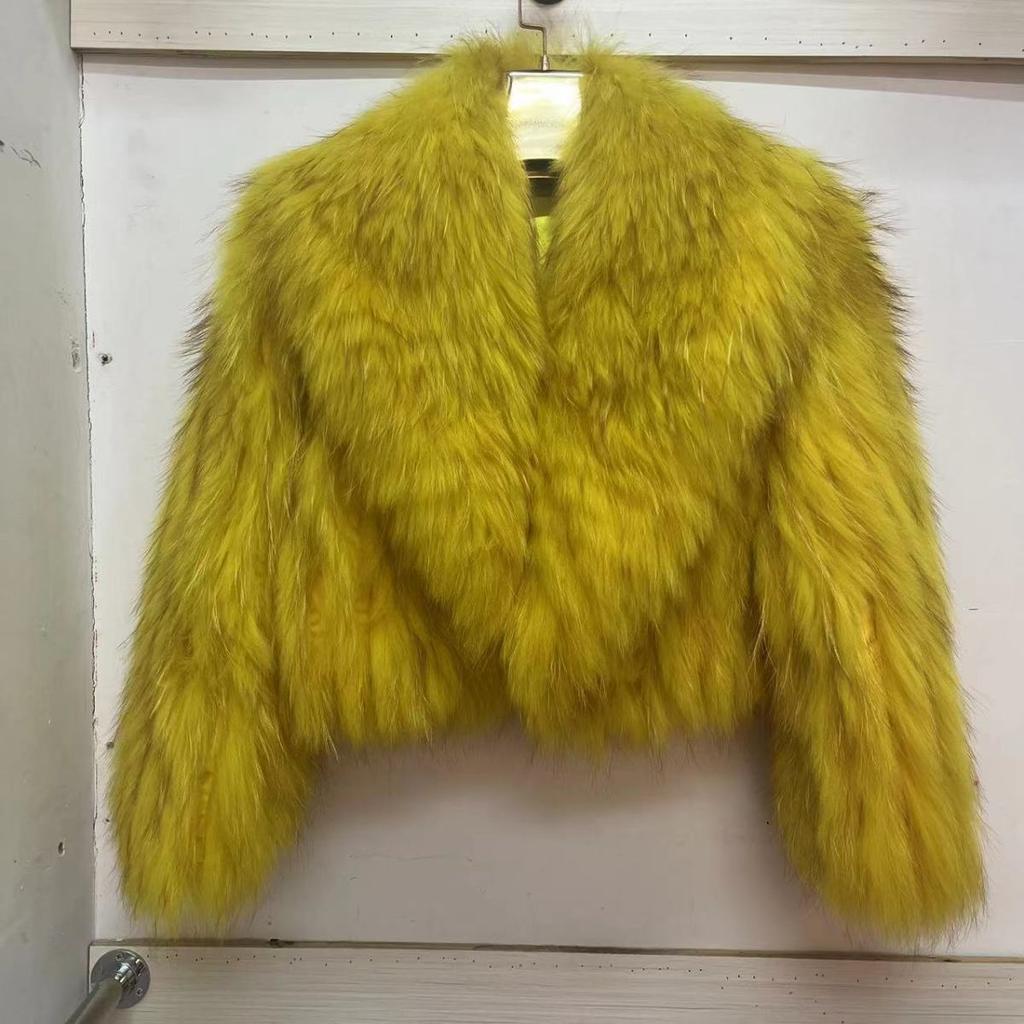 Real Raccoon Fur Coat Quilted Braided Large Lapel Fur Coat High Waist Short Style Youthful Temperament Winter Top