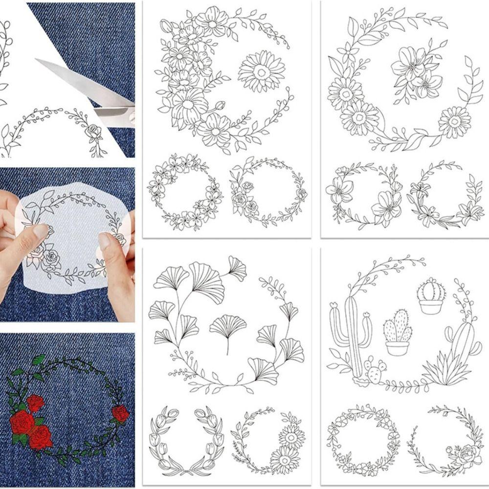 

4 листа с рисунками цветов и листьев, водорастворимые стабилизаторы для ручного шитья для любителей шитья B