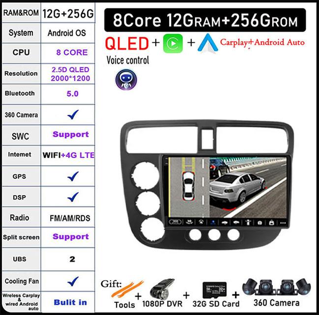 9 Lnch For Honda Civic 7 2000-2006 QLED Android 14 Car Radio Multimedia Video Player GPS AI Voice 4G CarPlay Head Unit Stereo