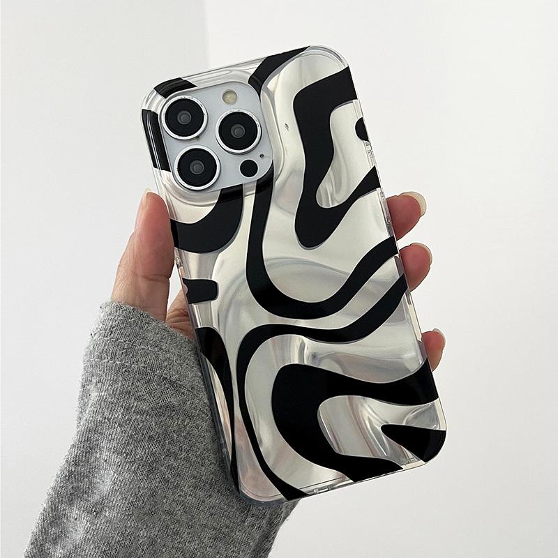 Fashion Silk Pattern Silver Black Irregular Lines Phone Cover Case For iPhone 16 Pro Max 15 14 13