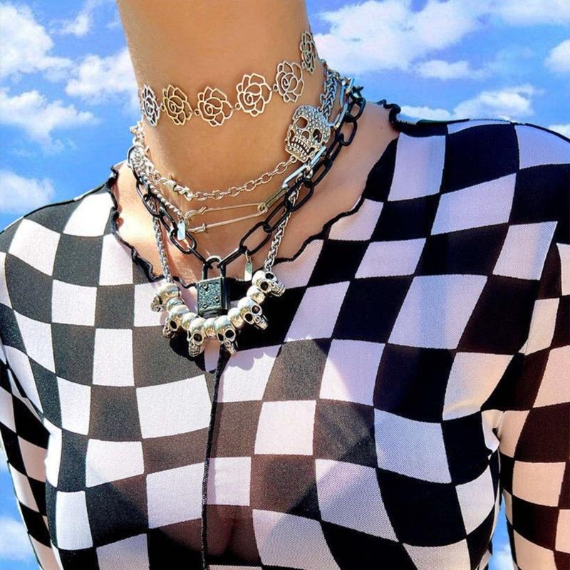 Metal Skull Pendant Necklace Punk Style Choker Necklace Hip Hop Clavicle Chain Necklace Gothic Jewelry for Eboy Men