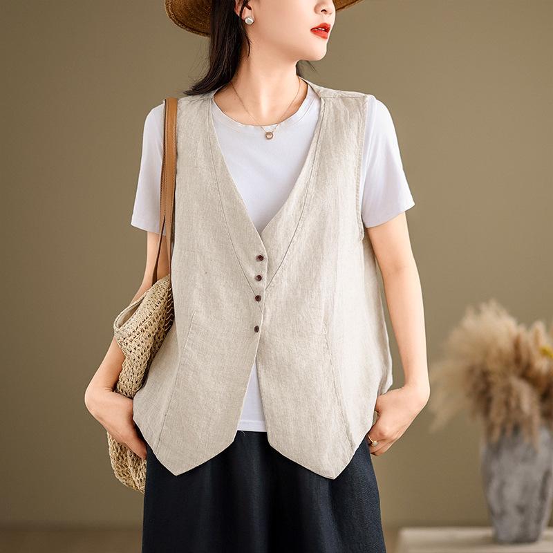 Summer Cotton and Linen Literary Retro Loose Sleeveless Blouse Vest Waistcoat Cardigan Vest Women
