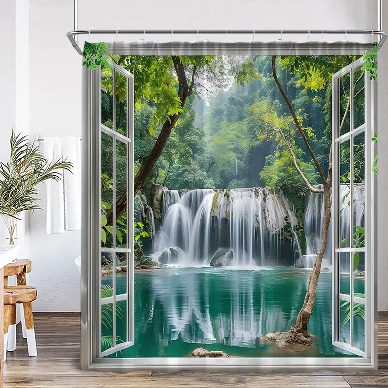 Waterfall Landscape Shower Curtain Forest Lake Window Outside Nature Scenery Modern Home Bathroom Decor Bath Curtains With Hooks