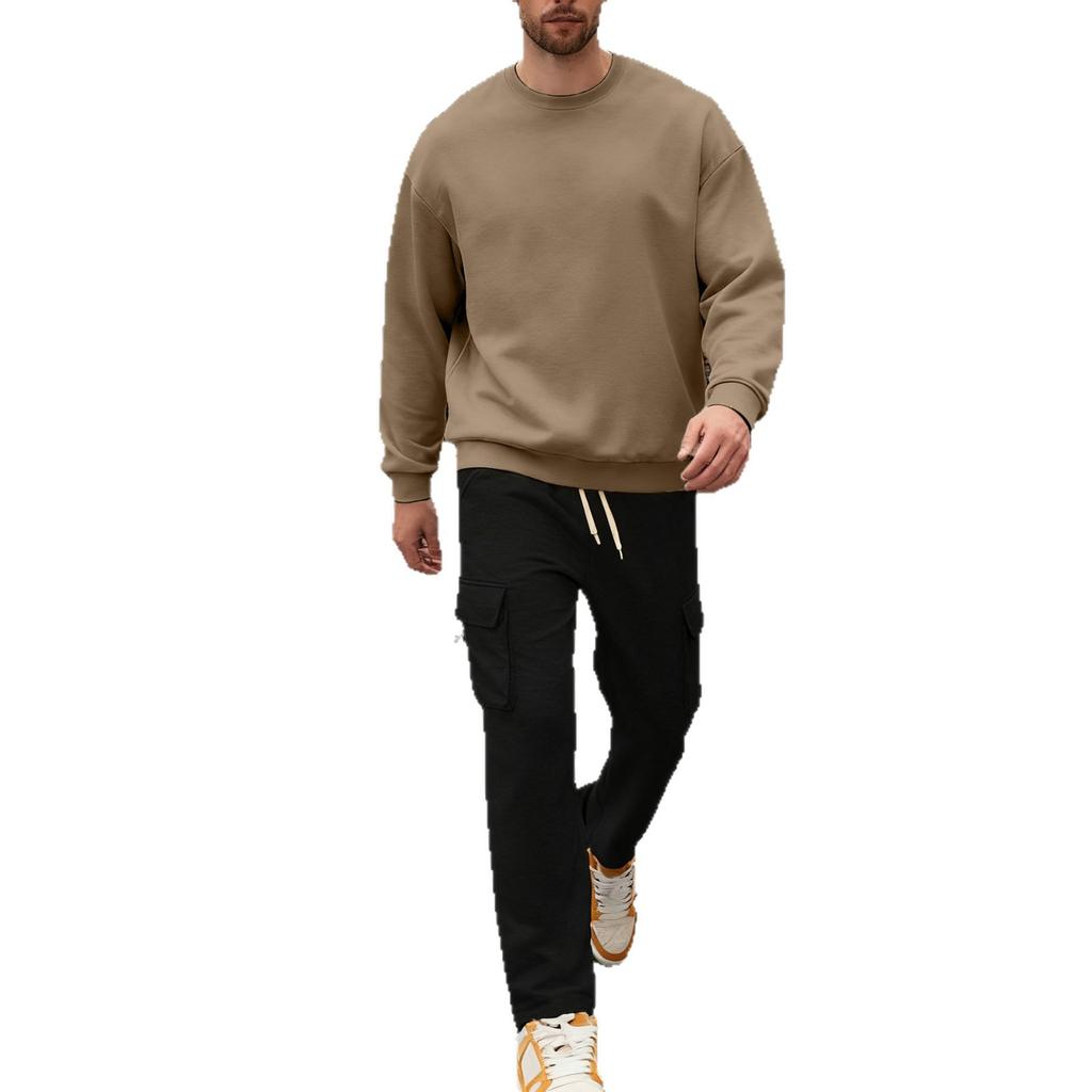 Men's Casual Sportswear Set Autumn/Winter Fleece-Lined Heavyweight Oversized Long-Sleeved Crew Neck Sweatshirt and Trousers Set
