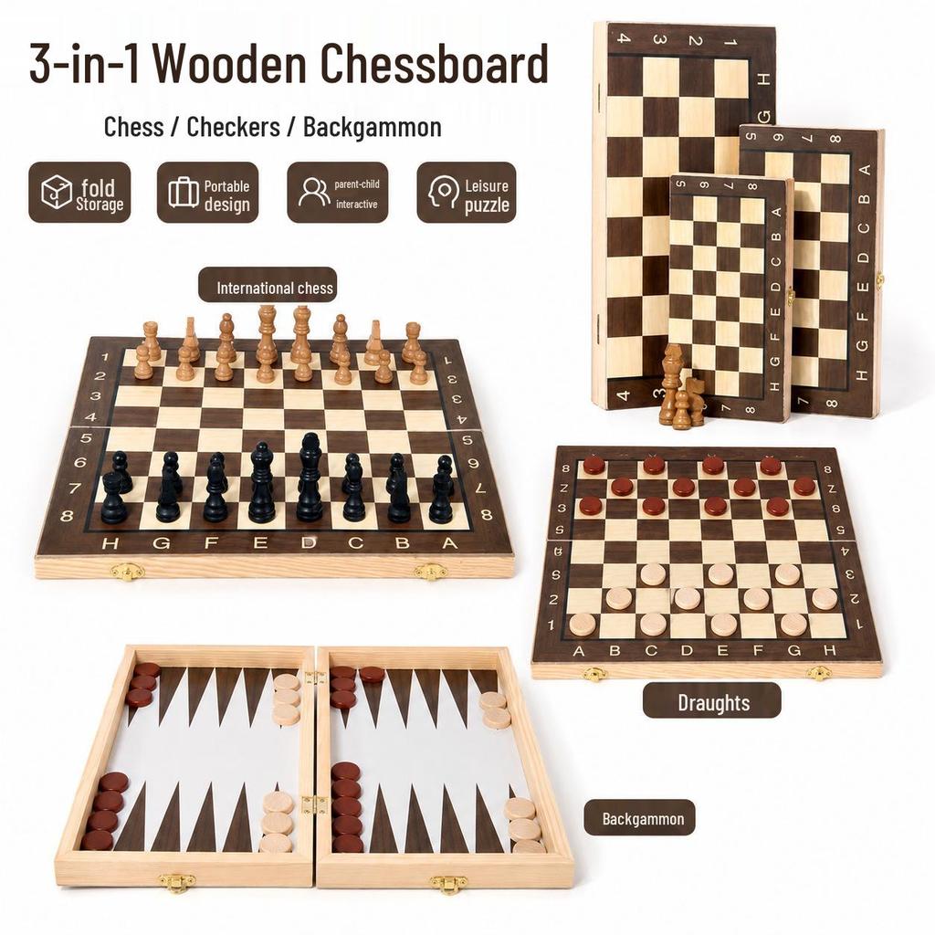 Faltbares tragbares Holz-Brettspiel-Set: Schach, Backgammon, Dame - Lernspielzeug.