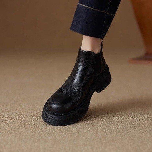 Pravá měkká kůže platforma britský styl chell boty krátké boty dámské 2025 podzim nové kulatá špička krátké boty martinky dámský trend