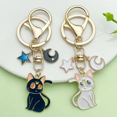 Charmante Maan Kat & Ster Legering Sleutelhanger – Schattige Metalen Hanger voor Dames Handtas