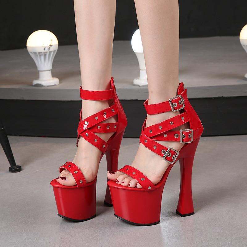 Platform Model Rivet Zipper Roman Sandals High Heel Fish Toe Red for Women