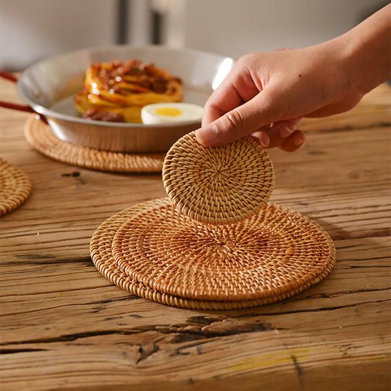 8-10cm Rattan Cup Mat 6Pcs Drink Coasters Set for Kungfu Tea Accessories Round Tableware Placemat Dish Mat Rattan Weave Cup Mat Cup Holders 5