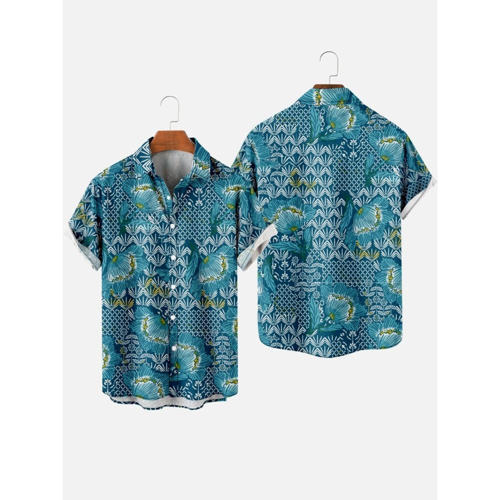 Men's Hawaiian Plant Print Shirts Vacation Vintage Leaf Fashion Summer Button Shirt Beach Casual Lapel