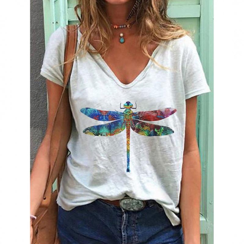 V-neck T Shirts Street 3D Printed Tees Short Sleeved Floral Bird Loose T-shirt for Women
