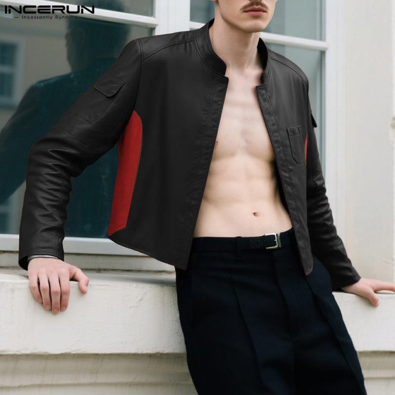 INCERUN Autumn Men Collarless Long Sleeve Zip-up PU Leather Casual Cropped Coats Jackets