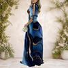 Women Plus Size Cold Shoulder V Neck Tie Cuff Short Sleeve Swirl Printed A Line Long Dress