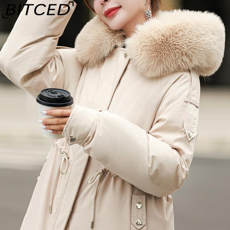 BITCED Fleece-Lined Thickened Down-Filled Cotton Coat for Women - Short Style Autumn/Winter Waist-Defining Design with Large Fur Collar