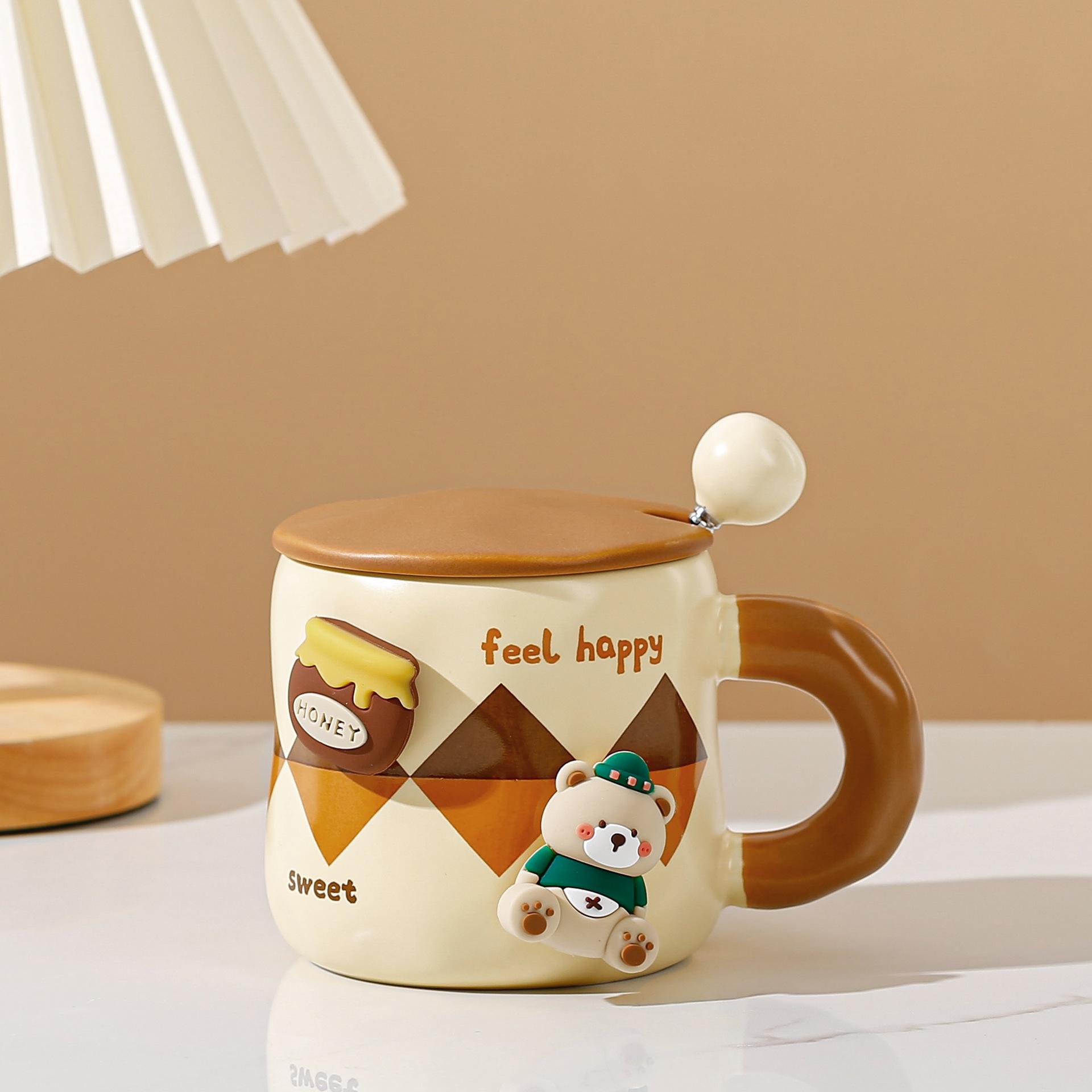 Magnetic Bear Mug With Lid Spoon Cute Ceramic Water Cup Girls High Value Cartoon Office Couple Cup 400ml