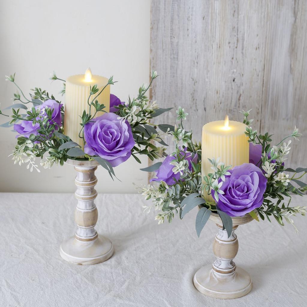 Artificial Rose Candle Ring Pillar Candles Greenery Flower Wreath Seasonal Candle Ring For Wedding Centerpiece Holiday Decor