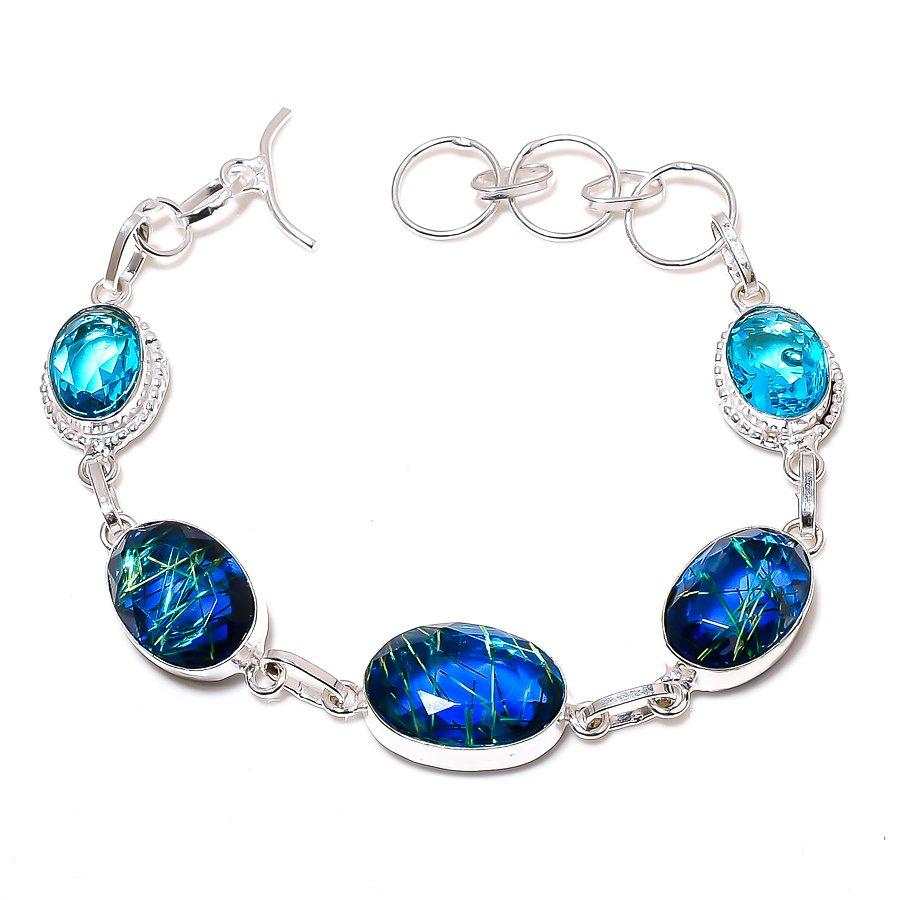 

Подарунковий браслет із натурального блакитного рутилу, ручної роботи зі срібла 925 проби, 8 дюймів h9S07