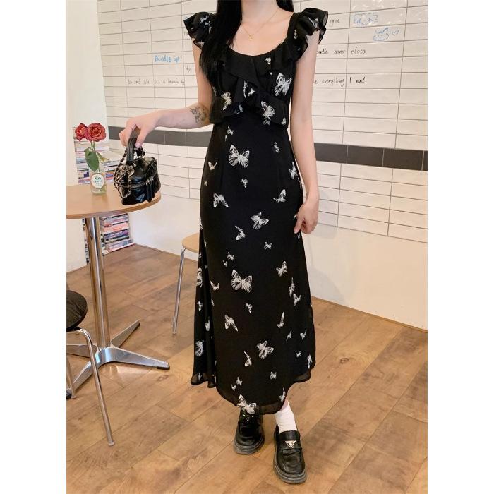 

[Double layer + inner lining] Xiaofei sleeve butterfly suspender dress children s summer French temperament is beautiful, waist length S чёрный