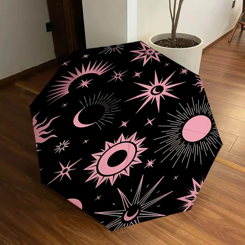 

Pink Celestial Stars & Moons Automatic Opening/Closing Umbrella - Portable 3-Fold Design with 8-Bone Iron Frame - Outdoor Rain Gear for Fest