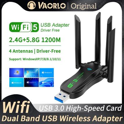 מתאם WiFi USB כפול 1200Mbps 2.4G/5.8Ghz דונגל Wi-Fi5 עם 4 אנטנות מקלט אלחוטי USB3.0 למחשב/מחשב נייד ללא תקליטור דרייבר חינם