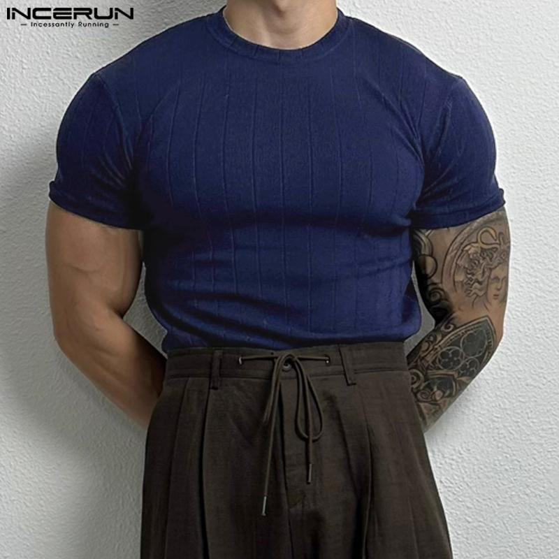 INCERUN Summer Men Short Sleeve Fitted Tops Casual Muscle Knitted T-shirts