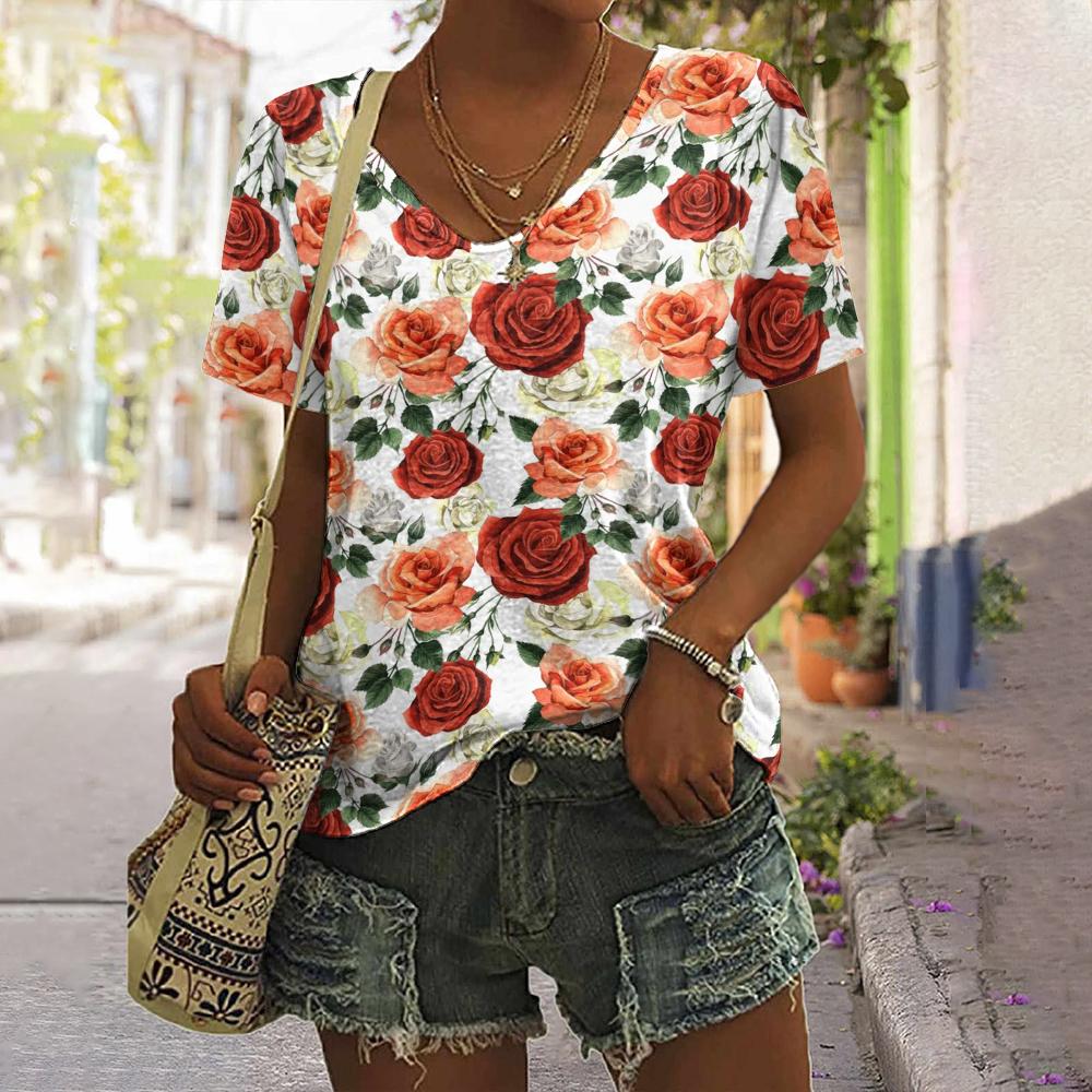 Summer Flower Rose 3D Print T-shirt Women Streetwear Casual T Shirts Y2k Tops Woman Harajuku V-Neck Tees Oversized Clothing
