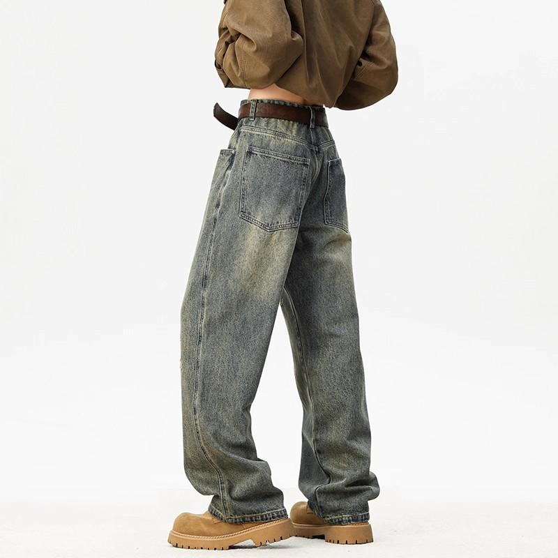 Washed old jeans men's autumn new trendy brand American retro loose straight wide-leg casual pants