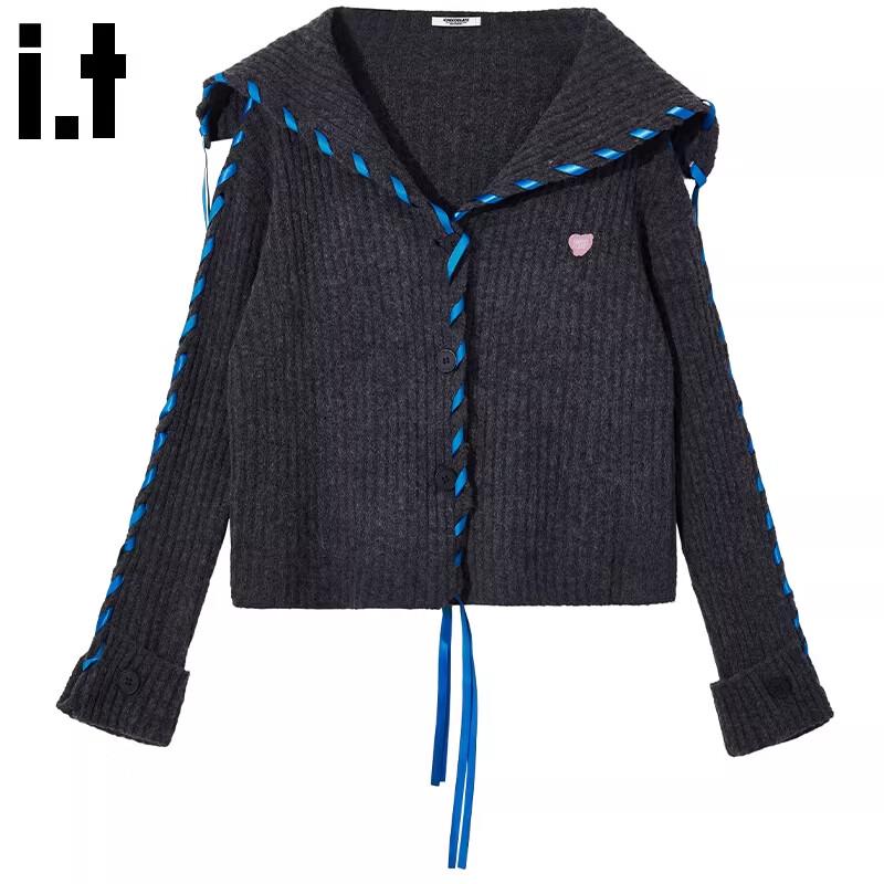 :CHOCOOLATE Women s Grey Lapel Tie Knitted Cardigan One Size