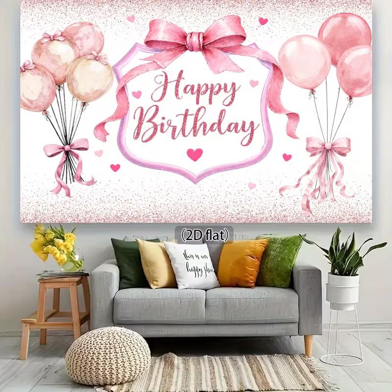 2D Pink Bow Happy Birthday Backdrop for Girls and Women's Parties
